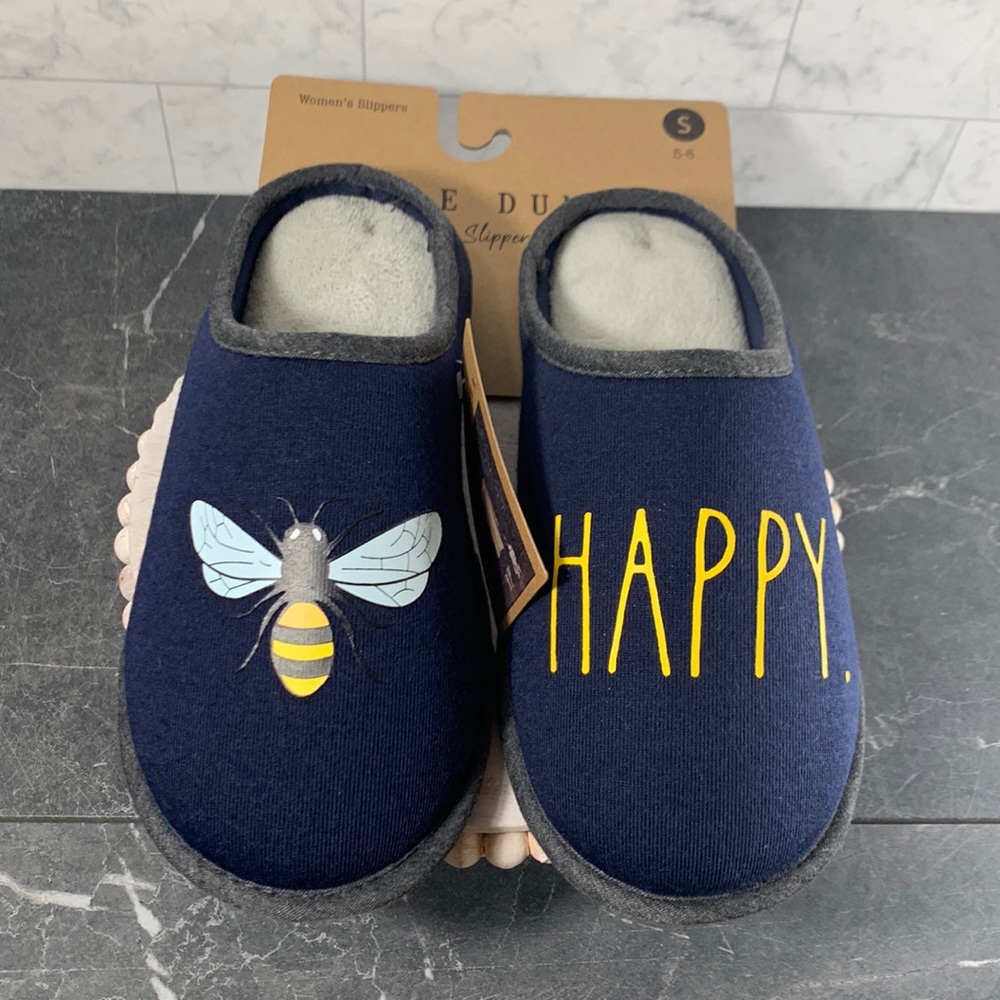 Sealed - NWT Rae Dunn blue HAPPY slippers with soft cushion inside